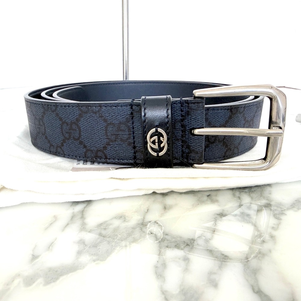 Gucci Mens GG Supreme Canvas Belt Interlocking G Blue Black 673921 Size 115